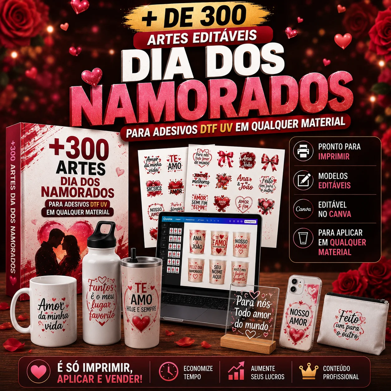 300 artes romanticas para adesivos DTF UV Dia dos Namorados
